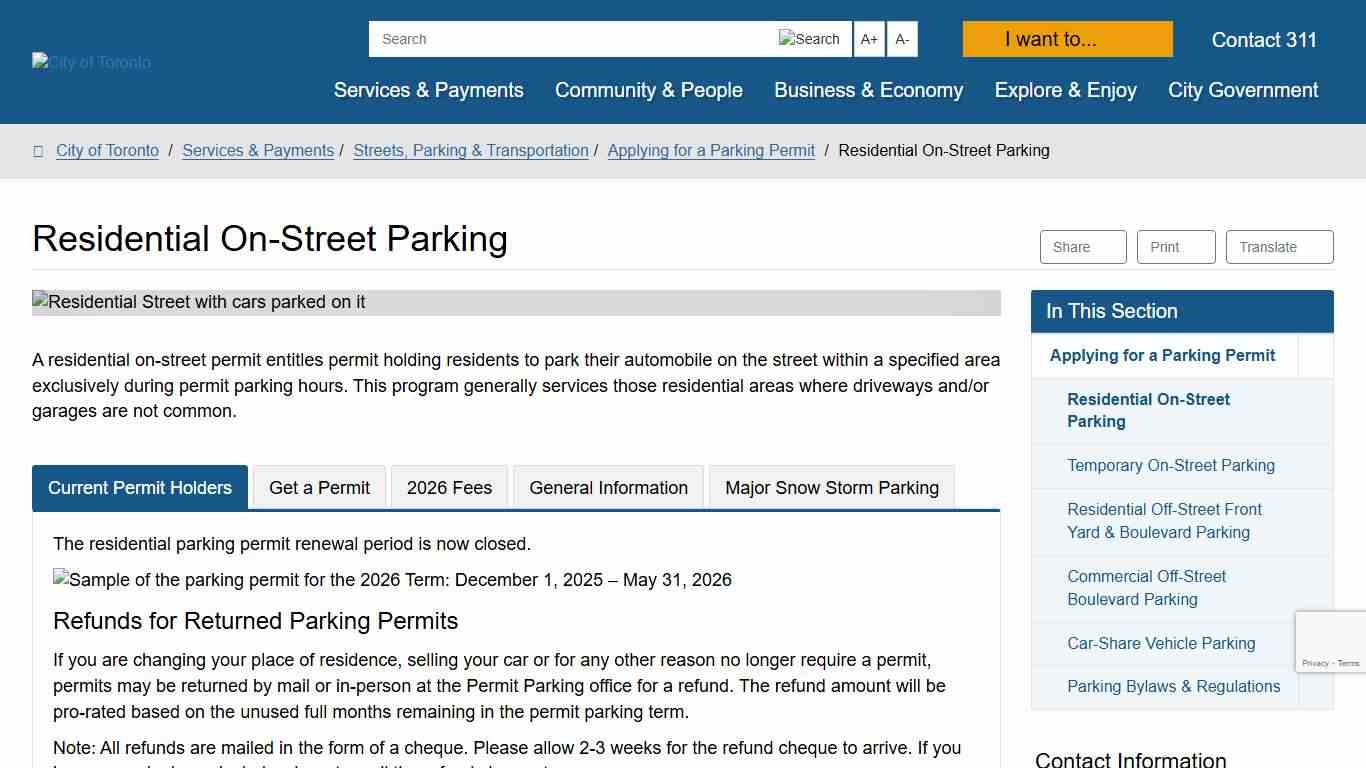 Residential On-Street Parking – City of Toronto